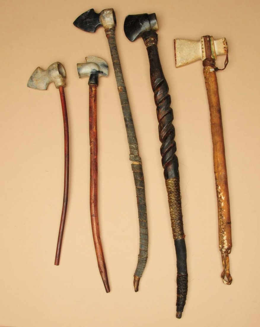 Lot of 5: 20th Century Cherokee Souvenir Pipes.: WPA. With wonderful folky stems. Pottery pipes. Condition (Good). Size Largest: 23 - 1/2" L.