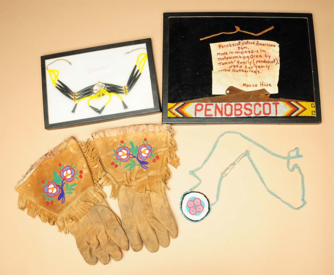 Lot of 4: Beaded Pieces.: Including one pair of Cree gloves, one small Chippewa medicine bag, and two framed necklaces. Condition (Fair). Size Largest: 16 - 1/2" L.
