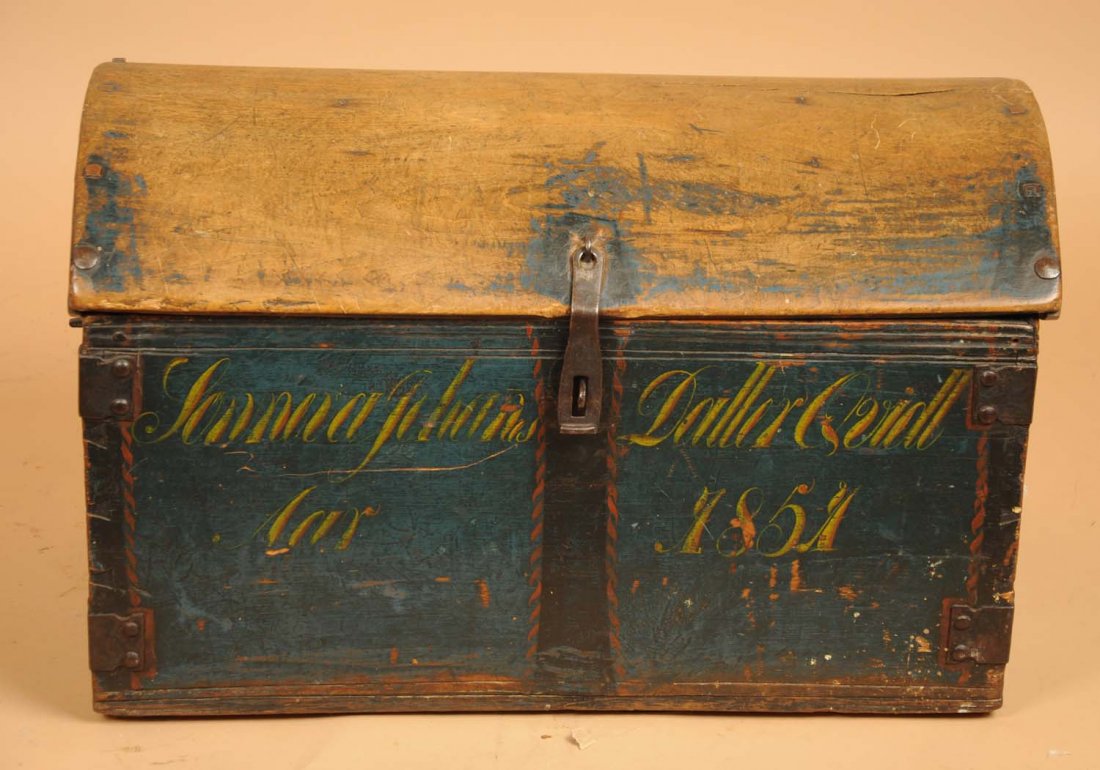 Early Coach Wooden Trunk.: Dated 1851. Condition (Excellent). Size 26" L x 16" T x 14"W.