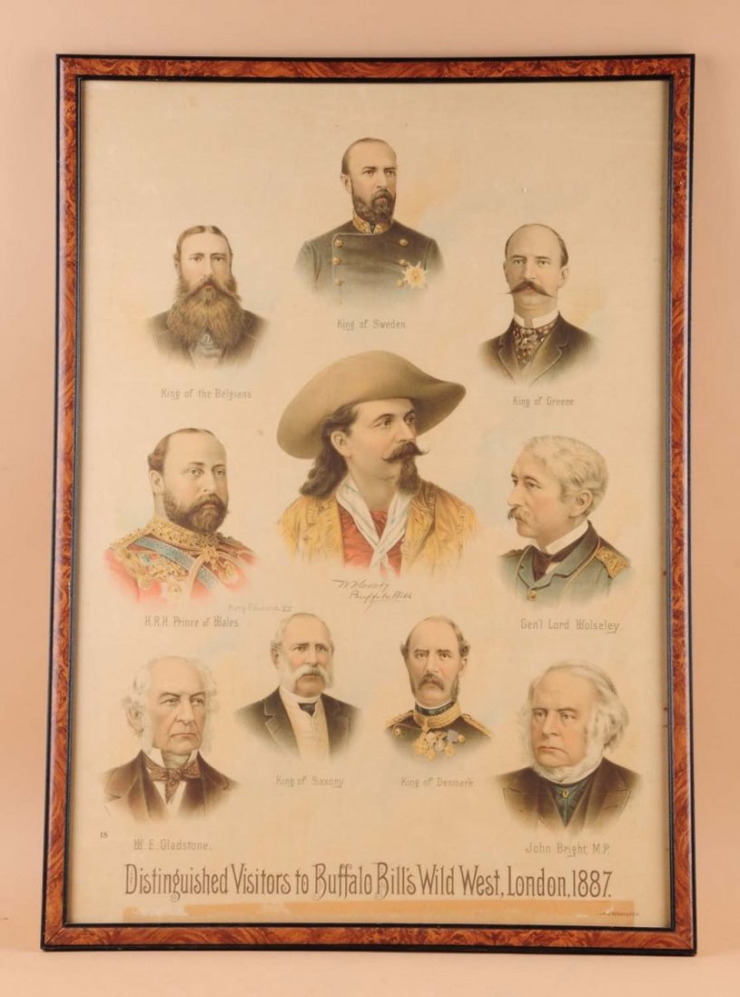 Famous Men from the England Show Poster.: Signed under the Prince of Wales with his signature, and King Edward III with his signature. Distinguished visitors of Buffalo Bills Wild West in London 1887. Condition (Excellent). Size 25 - 1/2" x 3