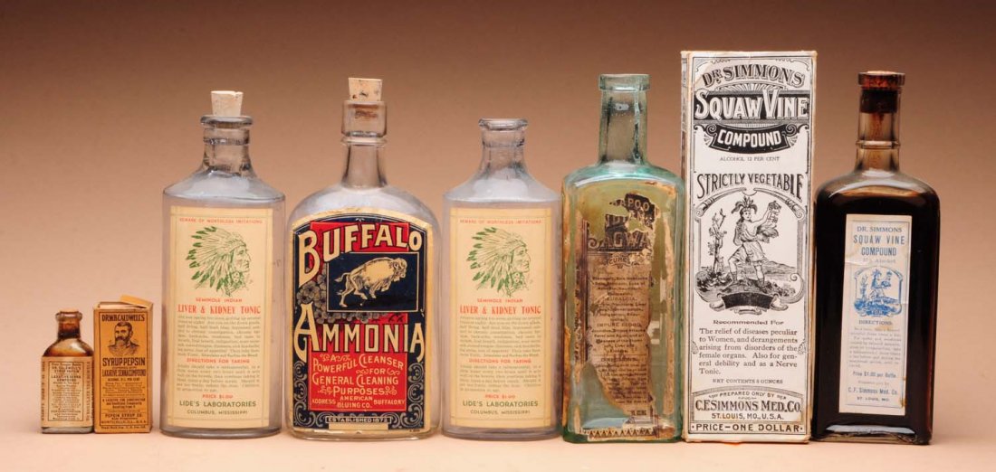 Lot of 6: Bottles with Cork Stoppers.: Includes Buffalo Ammonia, Dr. N.B. Caldwell's Syrup Pepsin in box, Kickapoo Indian Sagwa with partial label missing, two Seminole Indian Tonic bottles and Dr. Simmons Squaw Vine Compound with box. Con