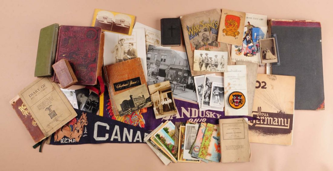 Lot of Assorted Ephemera.: This lot includes photographs, books, several pennants, postcards and other items. Condition (Very Good). Size Largest: 15" L.