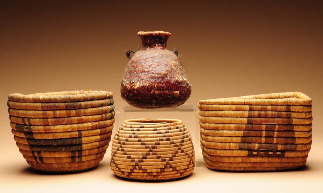 Lot of 4: Baskets.: Two small quilled Hopi with deer and crow mother pictographs, one northern California and southern Oregon basket, which has some slight damage, and one Paiute water bottle with original pine pitch coa