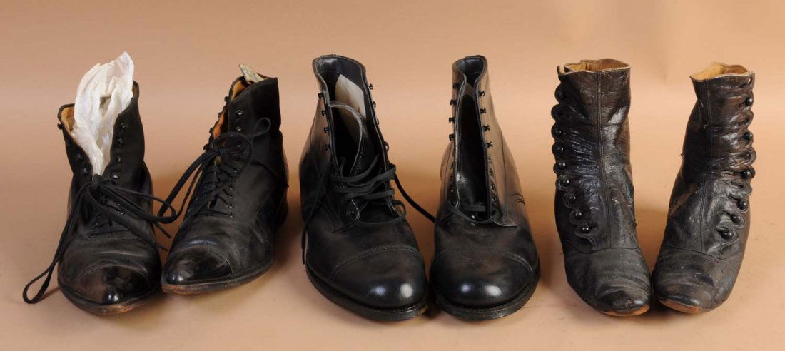 Lot of 3: Early Pairs of Shoes.: This lot includes two women's pairs and one men's pair. The women's button pair has substantial wear. Condition (Very Good Plus). Size Largest: 12" L.