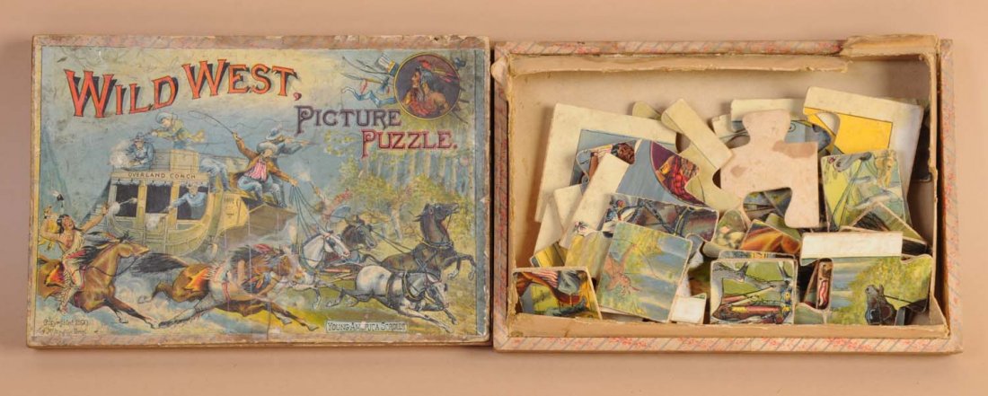 McLoughlin Brothers 1890 Wild West Picture Puzzle: Complete. Minor wear. Box is in fair condition. Condition (Excellent). Size 12" L.