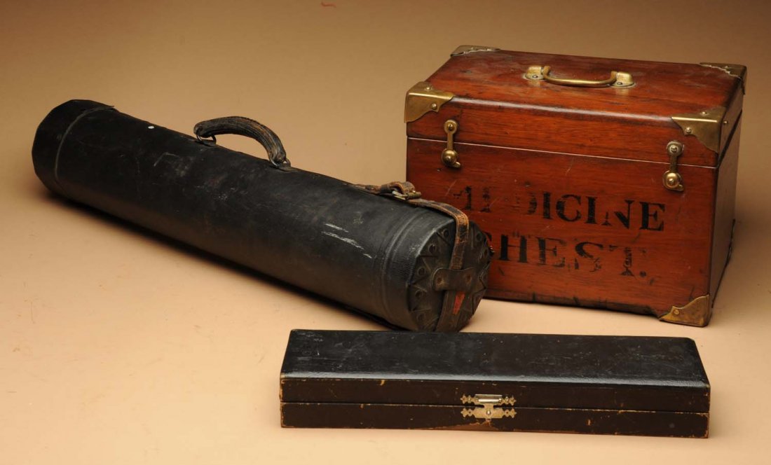 Lot of 4: Chests or Boxes.: This lot includes a flat lined box that may have contained a knife, a wooden box marked "Medicine Chest", a lined box that contains what appears to be a presentation baton and a round box for rolled d