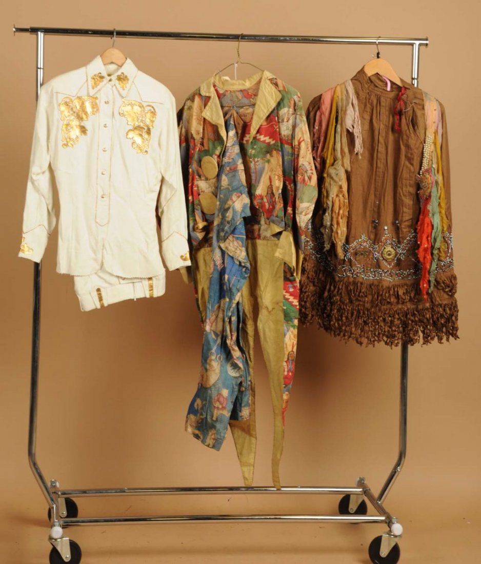 Lot of 3: Wild West Show Garments.: Wonderful vintage westerns by Missy. Western shirt with trousers. Ivory with gold overlays, excellent. Still wearable. Second is a western Wild West Show vintage decorated blouse with beadwork and sca
