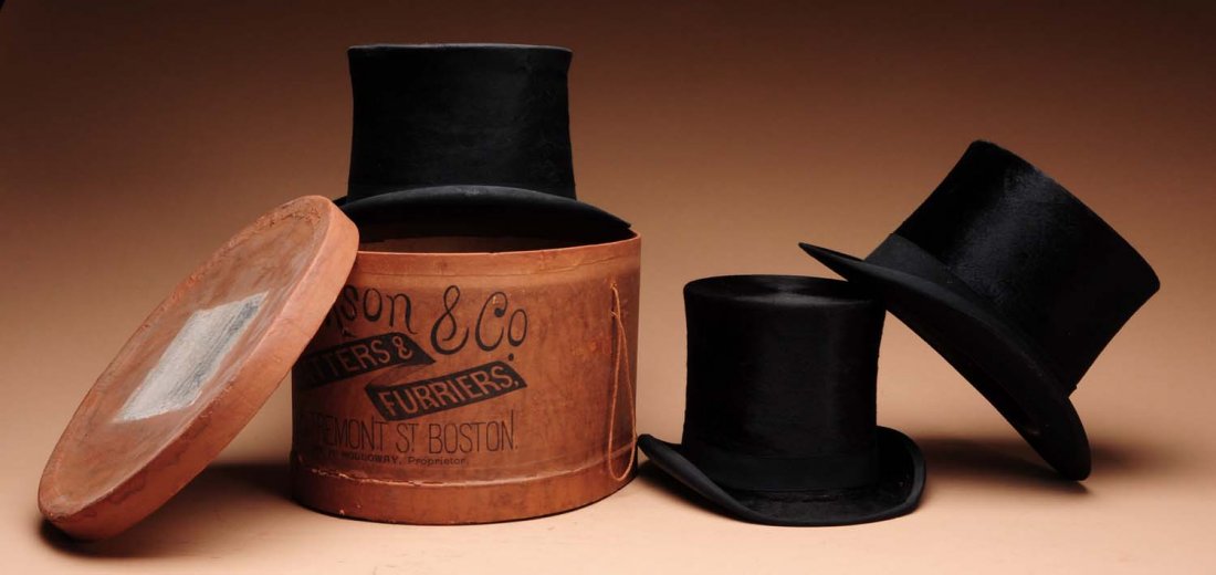 Lot of 4: Tops Hats & Box.: This lot includes three early top hats made by Voorhees, Knox, and Stetson. A box from Jackson & Co. is also included. Condition (Very Good Plus). Size Largest: 8" T.