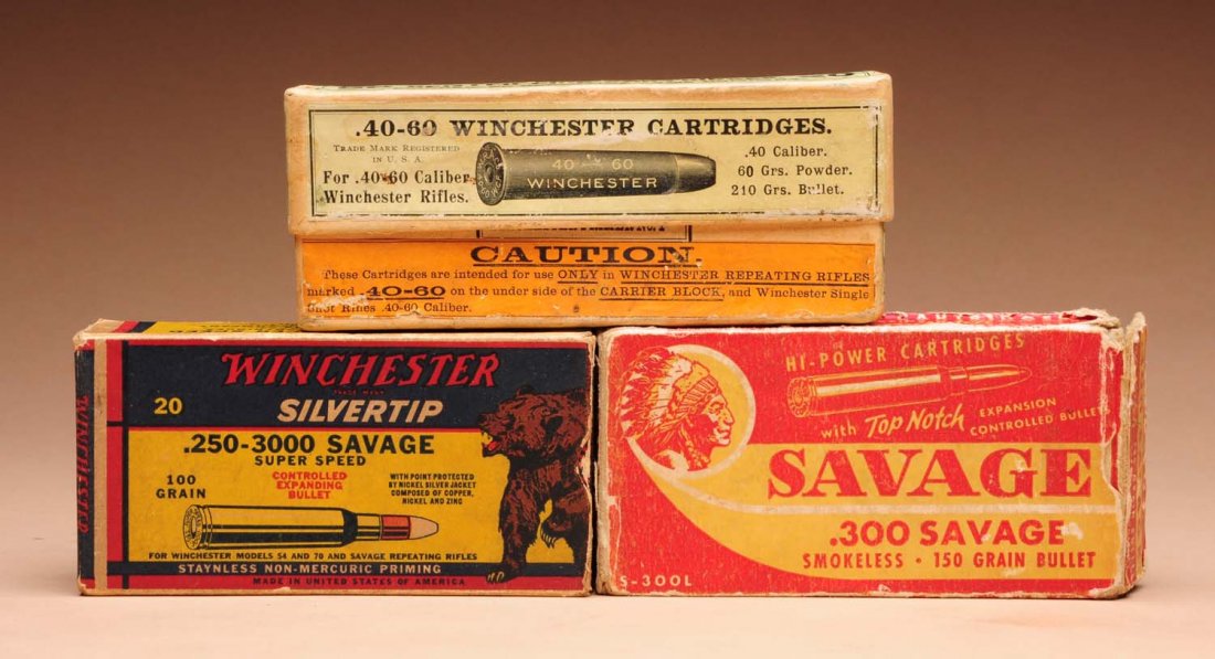 Lot of 3: Cartridges: Full Winchester .40-60 in excellent two piece box with complete and nice labels. A full Winchester .250-3000 savage silver tip with 'bear', an end flap is loose. And a Savage 300 cal. box correct and 