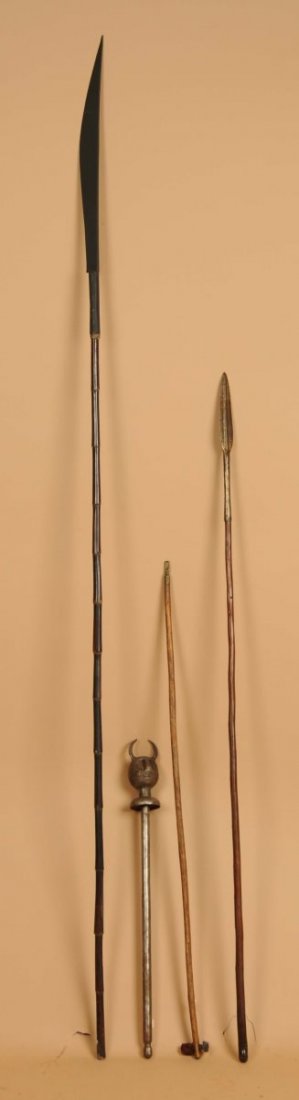Lot of 4: Early Items.: Early spears, oak cleaning rod and an early campaign torch. Condition (Very Good). Size 85" L.