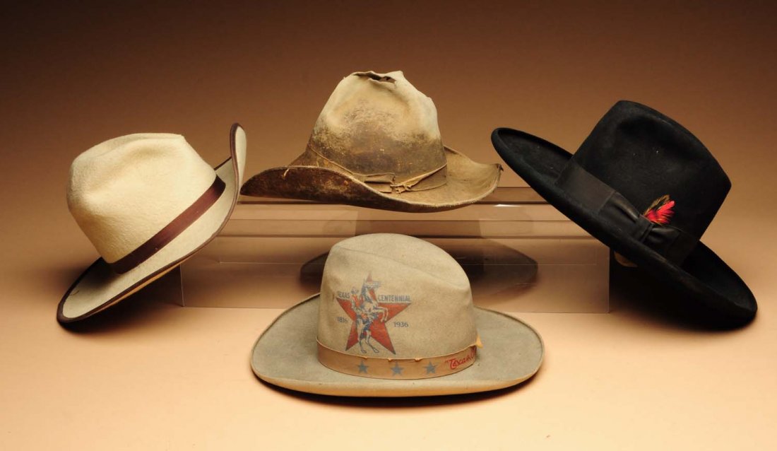 Lot of 4: Much Used Vintage Cowboy Hats.: Including one 1936 Texas Centennial souvenir, and three other hats with great character. Condition (Fair). Size Largest: 16 - 1/2" L.