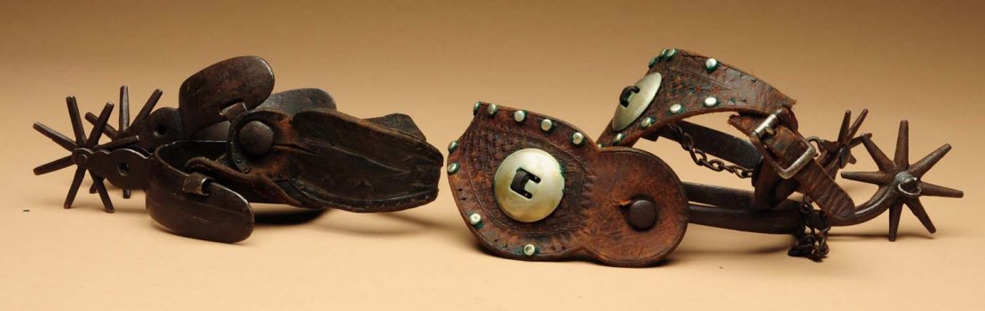 Lot of 2: Pairs of Chihuahua Inlaid Spurs.: Chihuahua Inlaid late 19th to early 20th century. One early drop shank "near pair". One spur was probably lost in the period and replaced with a close match. Probably original leathers. Late 19th earl