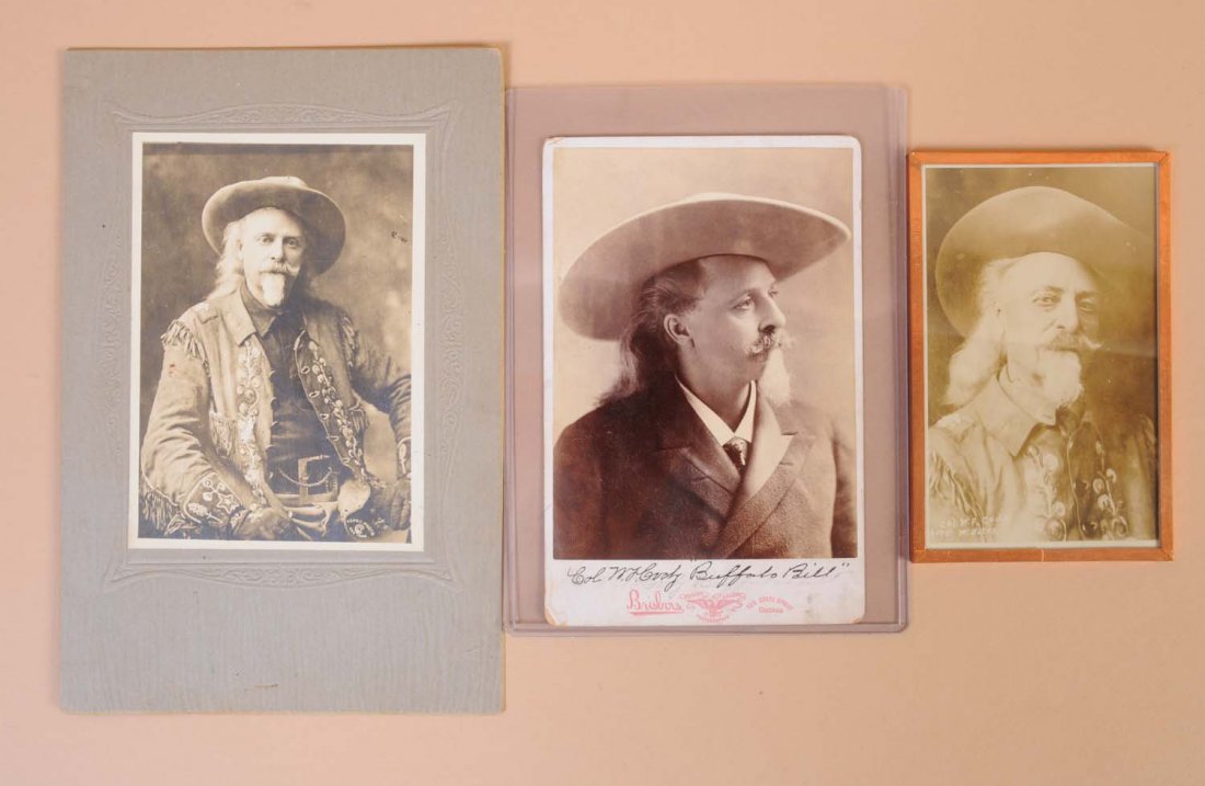 Lot of 3: Buffalo Bill Photos.: Includes cabinet card with a great image, photo matted on card and a Col. W.F. Cody postcard. Condition (Excellent). Size Largest: 9" L.