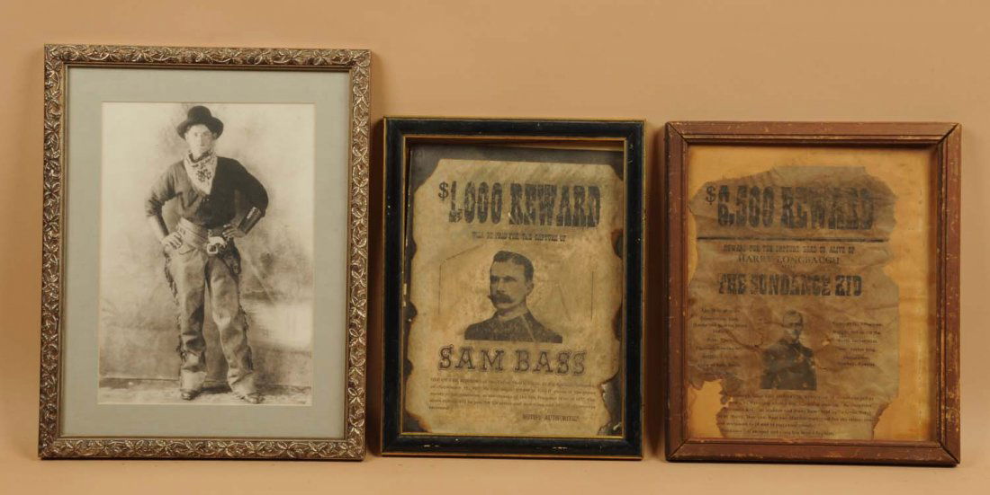 Lot of 3: Wanted Posters and Photo.: This lot includes reproduction wanted posters of Sam Bass and The Sundance Kid. Also included is a photo of a gunslinger. Condition (Good). Size Largest: 16" x 12".