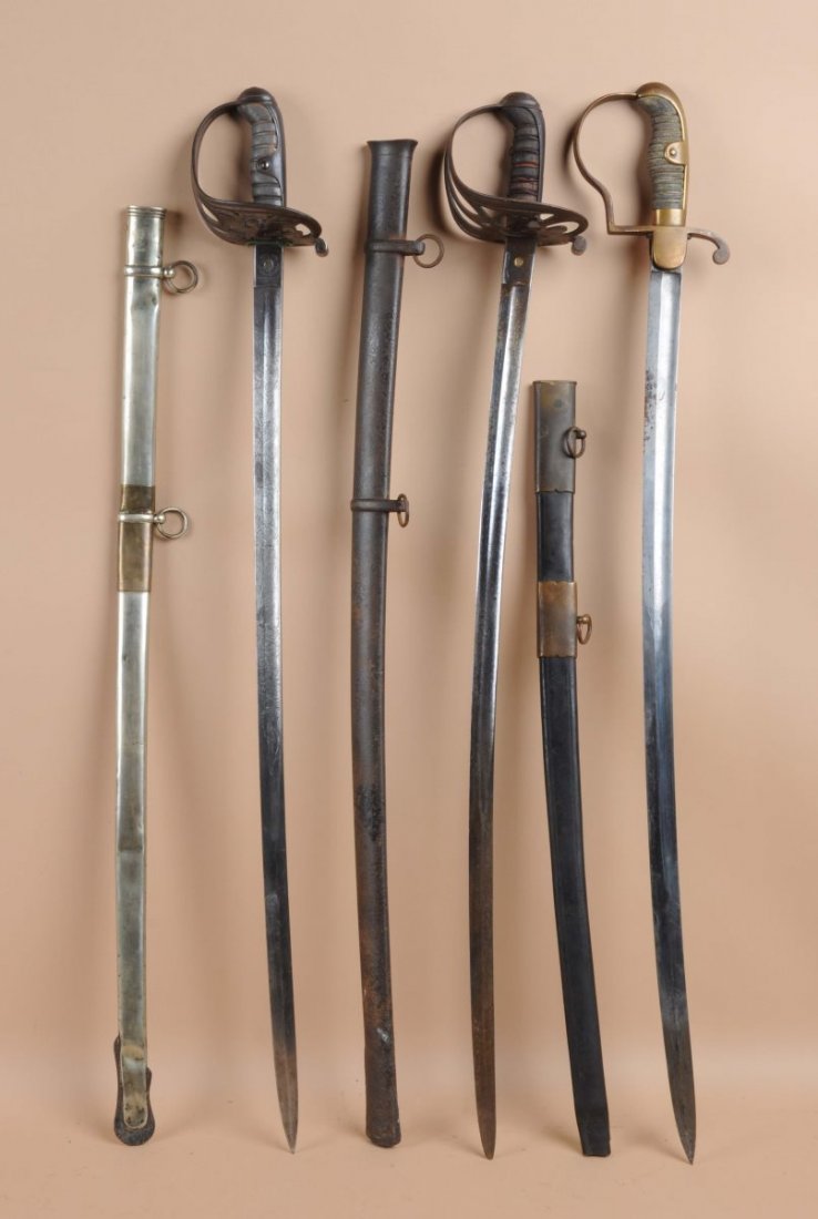 Lot of 3: 19th Century Swords.: First sword was manufactured in Germany, has "E Pluribus Unum" etched blade. Retailed by Schuyler Hartley in Graham, New York. Has a metal "E Pluribus Unum" eagle hand guard, shark skin handle missing