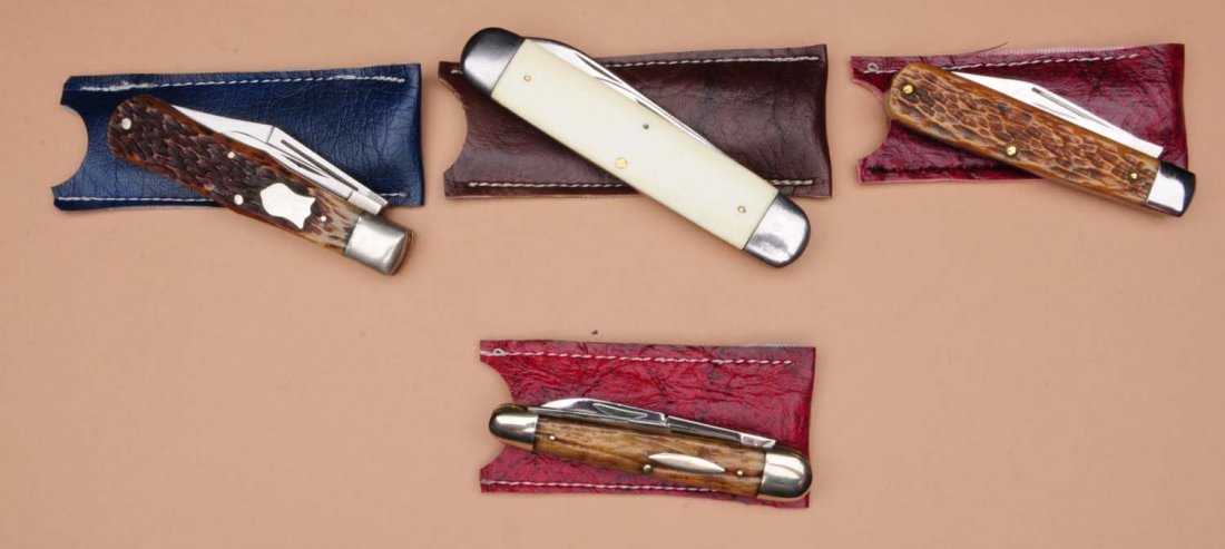 Lot of 4: Folding Knives.: Lot includes: a Remington U.M.C. two-blade "Cigar" jack knife, serial No. 1225, which has been re-handled, both blades have strong snap, measures 4-1/4" closed; a Remington U.M.C. two-blade jack knife