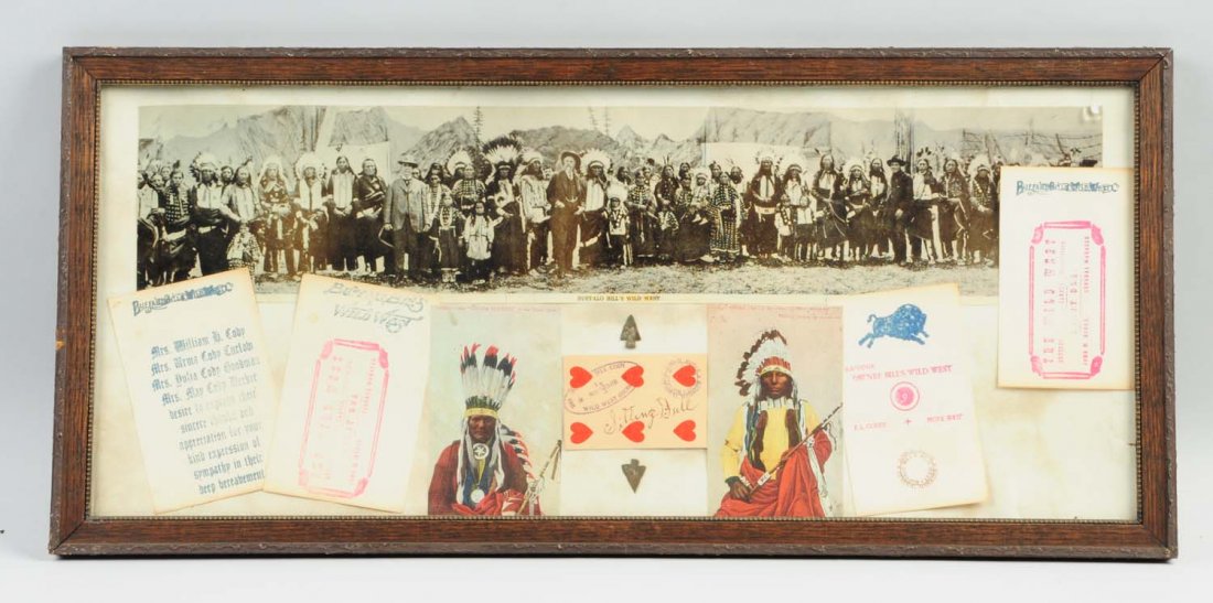 Buffalo Bill Sitting Bull Framed Group.: This group includes several Buffalo Bill Wild West Show cards, cards depicting Chief Little Soldier and Horse Chief, a reproduction panoramic photo of the Wild West Show cast and other items. Conditio