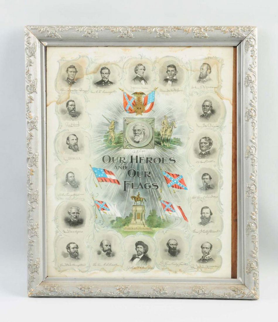 Confederate States Our Heors Our Flags Poster.: This 1800s poster depicts Confederate military leaders including, Robert E. Lee, General Hood, General Longstreet, Stonewall Jackson and others. Moderate staining and a few tears. Condition (Very Good