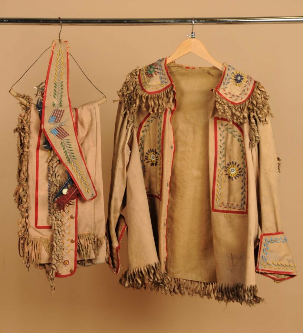 Early 20th Century Native Made Clothes.: Order of the Red Man pants, jacket, and headband. Condition (Fair) Size Largest: 32" L.