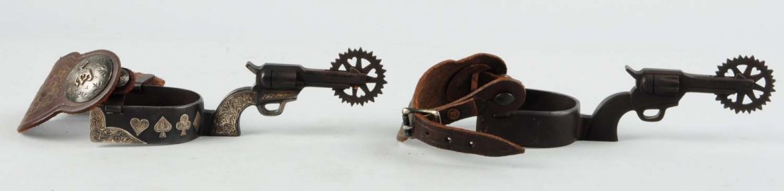 Pair of Pistol Spurs.: Marked "E. Garcia". Silver inlay on handle and details of gun, and card suits on inside of spur. 20th century. Original leather with silver conchos. Condition (Excellent). Size Largest: 13" L.