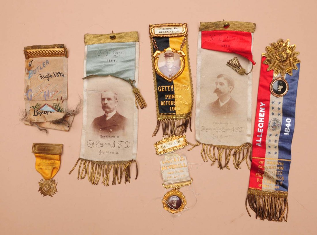 Lot of 7: Political Ribbons.: Circa 1900s. Pittsburgh, Allegheny Court, Butler, Hornell and Vets - Baltimore. Condition (Excellent). Size Largest: 8" L.