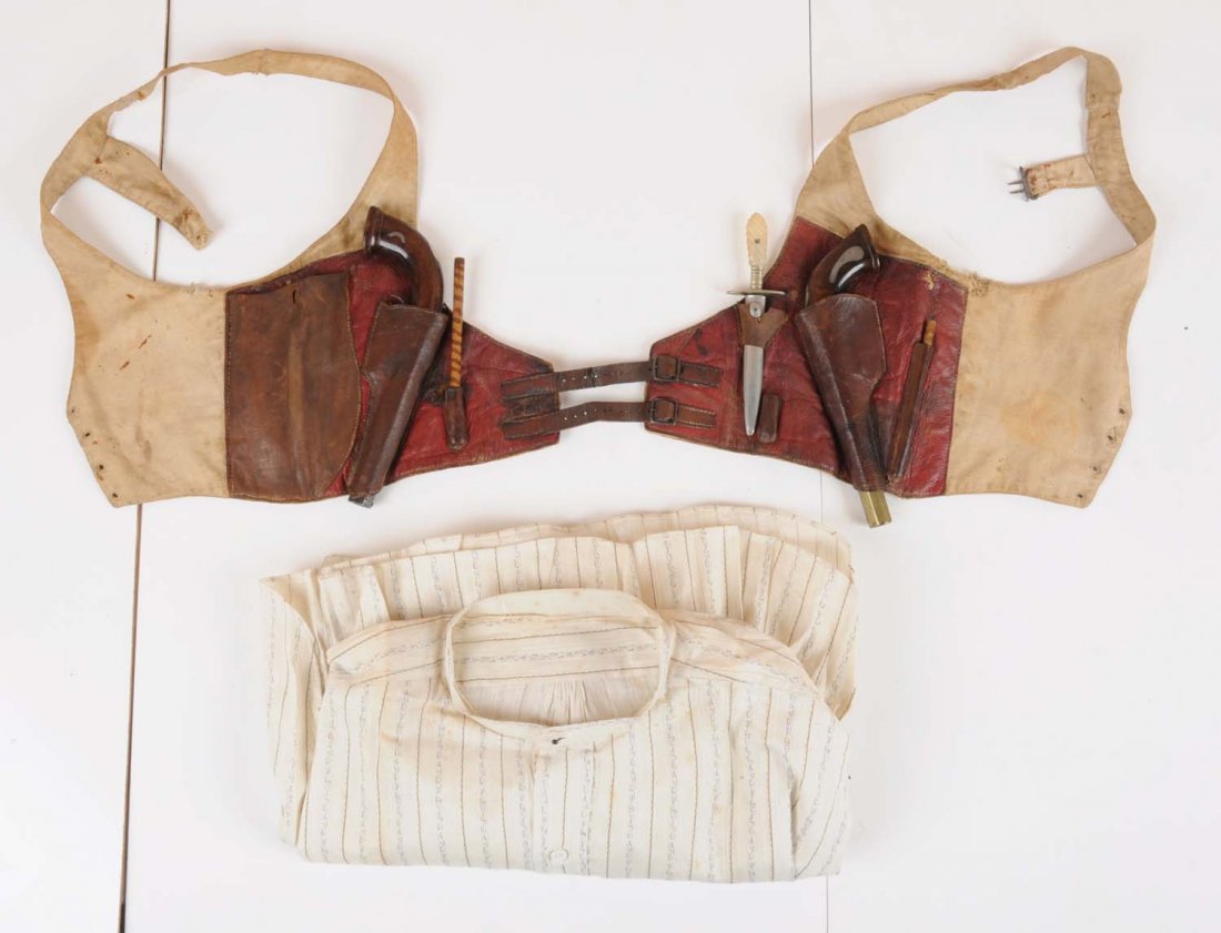 1840-50’s Riverboat Gamblers Collection.: Wonderful early and never seen gamblers set to include; a double shoulder holster set made of leather and elastic to hold two single shot boot pistols, a dagger and a loading rod. Both pistols are sin