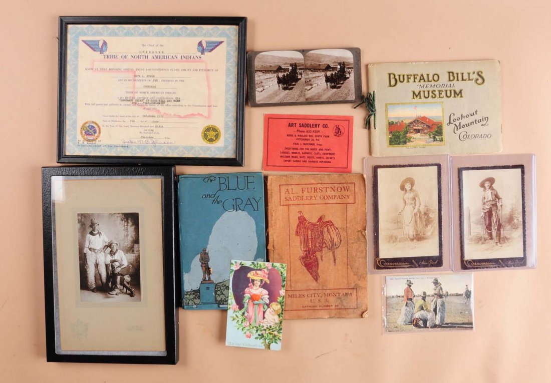 Lot of 9: Pieces of Ephemera.: Includes three postcards, one with cowboy, one cowboy photo, Buffalo Bills museum catalog, stagecoach stereo, two photos of cowboy and cowgirl and Furstnow Saddle Co. catalog dated 1914. Condition (Ex