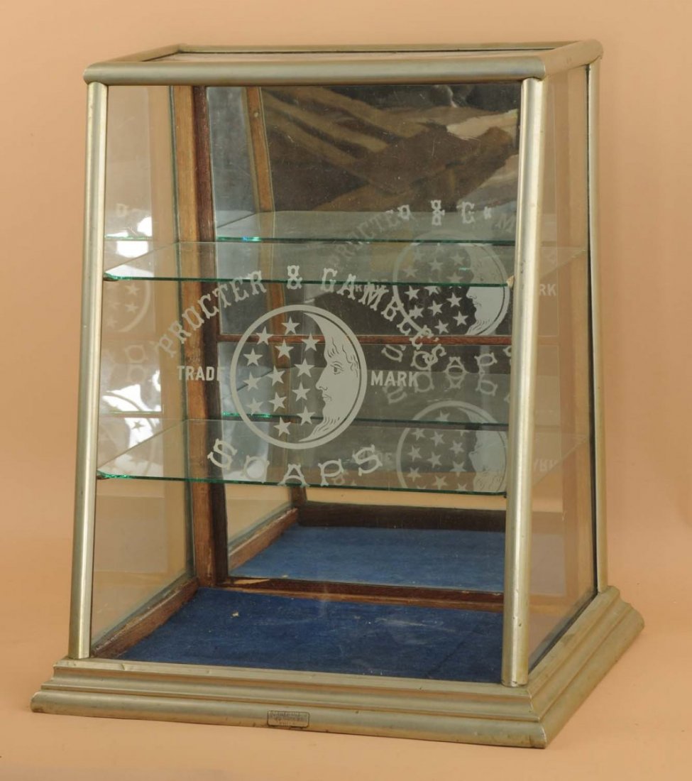 Early Procter & Gamble Soap Display Case.: This nice nickel P&G case has all original glass including the front glass with a frosted logo. Condition (Very Good Plus).