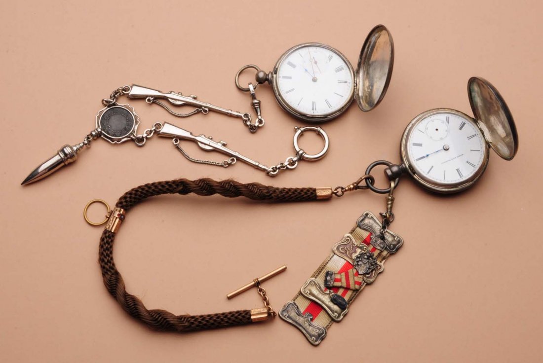 Lot of 2: Pocketwatches with Chains.: This lot includes a watch with a chain depicting rifles.