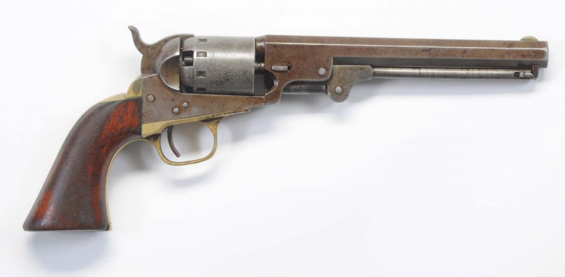 Manhattan .36 Cal Model Revolver AKA Navy Type.: Serial No. 13218. Made circa 1859-1868. Features 6-1/2" octagon barrel. Five shot. Action is crisp. All matching numbers, including wedge. Gun is basically patina. 90% visible cylinder scene. Original