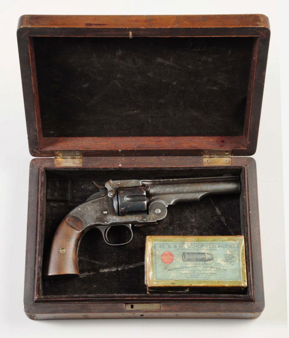 Smith & Wesson Second Model Schofield Revolver.: Wells Fargo. This revolver started life as a standard military issue S&W Schofield top break chambered for the 45 S&W Schofield round. These were wholesaled off as surplus, and many were purchased by