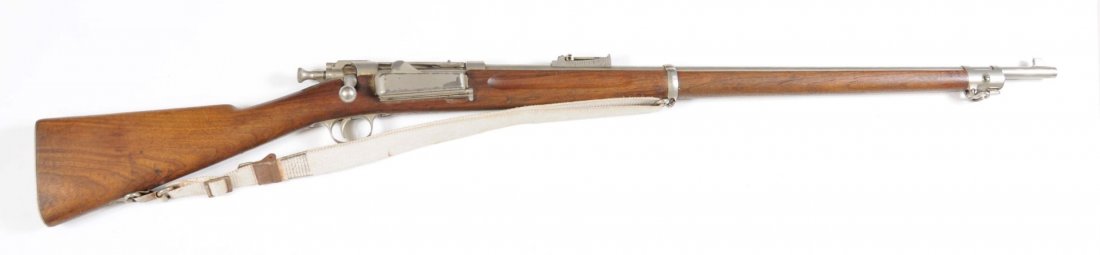 U.S. Springfield Model 1896 Krag Rifle "Parade".: Serial No. 62818. This is your basic 1896 Krag U.S. issued rifle. It is in excellent condition with strong markings, has been completely nickel-plated. Stock is excellent with a crisp J.S.A. 1900 proo