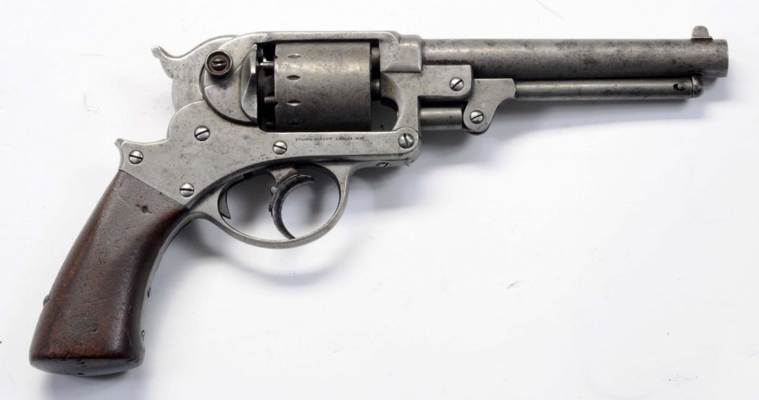 Starr Arms Double Action 1858 Army Revolver.: Serial No. 6078. .36 caliber, six shot, 6" round barrel, double action, walnut grips. The gun retains no original finish, having turned gun metal grey. Sharp markings, cartouche visible. Indexes perfe