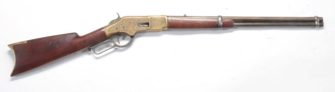 Winchester Model 1866 Engraved S.R.C.: Serial No. 1795. These carbines were manufactured from 1868 to 1898 in .44 rimfire. This carbine has been re-chambered to .44 WCF (re-bored or replaced with model 1873 barrel) and is stamped at breach