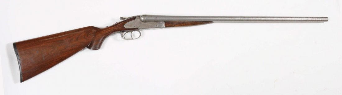 C.F. Franklin Hammerless 12 Ga. SxS Shotgun.**: Serial No. 59945. Manufactured 1910. Barrel length: 30". Chamber length: 2-9/16". Choke dimension: R - IC, L - IC. Length of pull: 14-1/2". Drop on heel: 4". Damascus barrels have little pattern remai