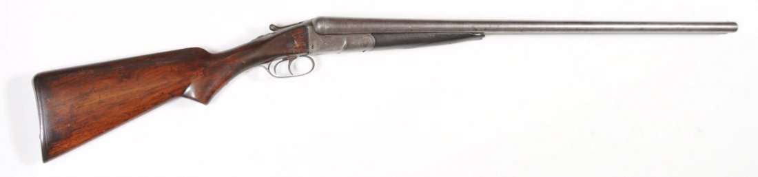 Colt Model 1883 10 Ga. SxS Shotgun.: Serial No. 5523 matching. Manufactured 1891. Barrel length: 32". Chamber length: 2-7/8". Choke dimension: R - modified, L - modified. Length of pull: 14-1/4". Drop on heel: 3-1/4". Damascus barrels ha