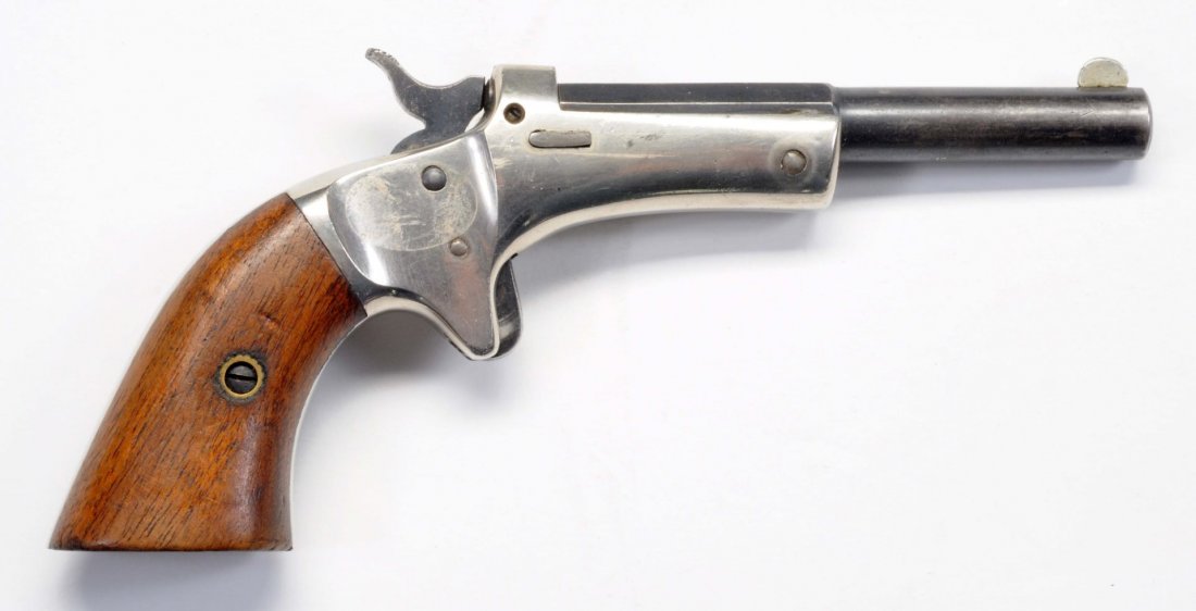 Stevens No. 41 Tip-Up Pocket Pistol.**: .22 rimfire, 3-1/2" part octagon barrel, spur trigger. 75% blue on barrel, most of original nickel on frame. Works fine. Near mint bore.
