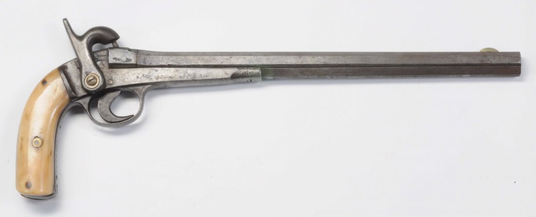 Custom Vintage Single Shot Pistol.: This pistol was made by hand (of the era) using a Colt Lightening .22 rifle barrel. Single shot, percussion, no finish, bone grips. Not working.