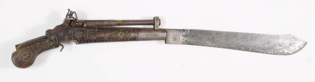 Antique Large Flintlock Knife Pistol: No serial number. No maker marks that we can see. Bore is approximately 40 caliber. Action does not work. Fold out knife blade measures 12 ½” Stock is wire inlay. Likes like Middle Eastern product.