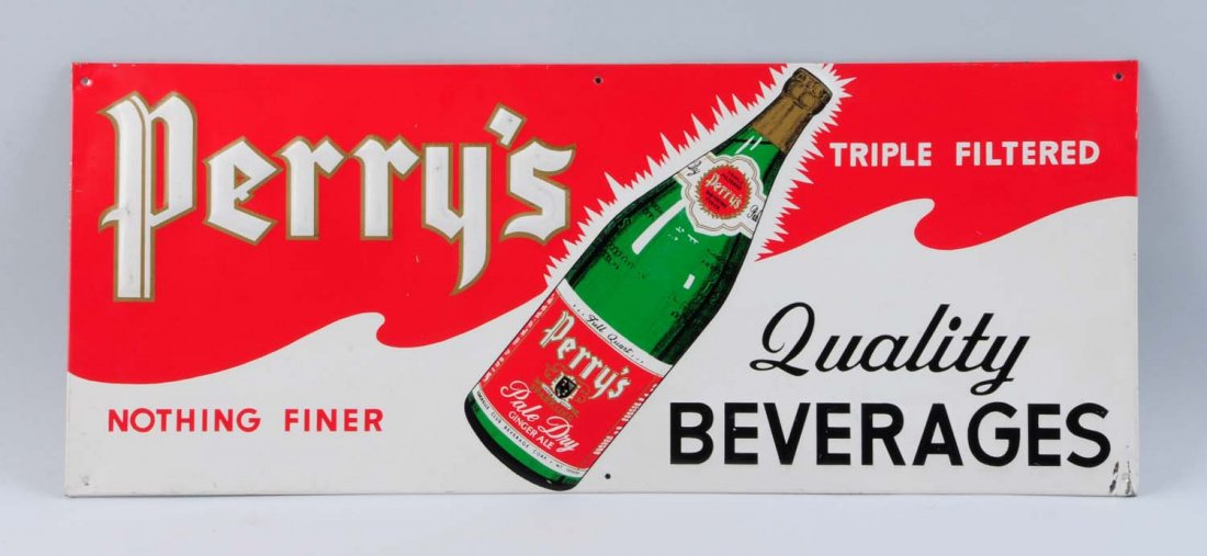 Perry's Quality Beverages Tin Sign.: This Perry's sign has some minor paint loss at the lower right hand hole. Otherwise it is a nice, clean, and bright sign. Condition (Very Good Plus). Size 23 1/2" x 9 -1/2" .