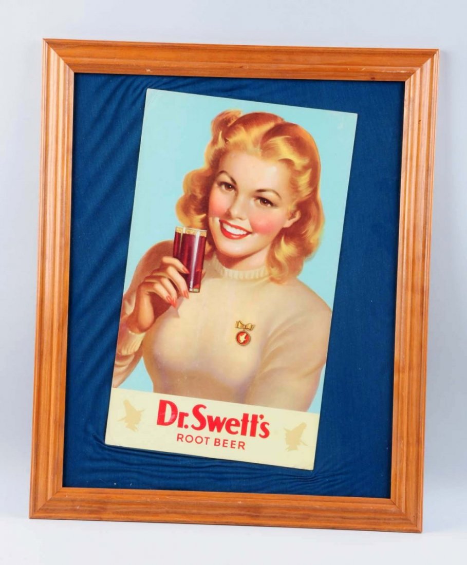 Framed Dr. Swett's Root Beer Cardboard Sign.: This Dr. Swett's sign depicts a young girl. Minor wear and corner bumps. Condition (Very Good Plus). Size 23" x 18-1/2".