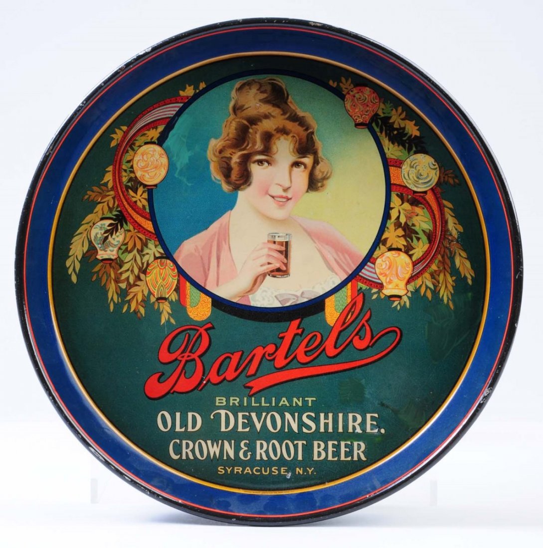 Bartels's Crown & Root Beer Serving Tray.: This Bartel's tray is very attractive with just a few small edge nicks. There are restored areas to the left of the girl's head and to the field at the right and lower right. Condition (Very Good). Si