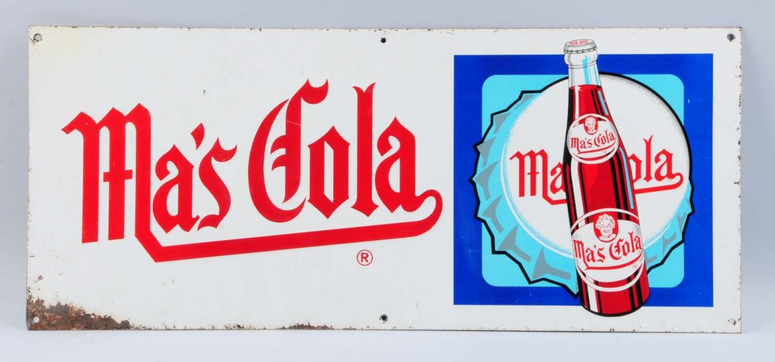 Ma's Cola Embossed Tin Sign.: This Ma's Cola sign has a large area of los at the lower left and numerous small nicks. Condition (Very Good). Size 28" x 12" .