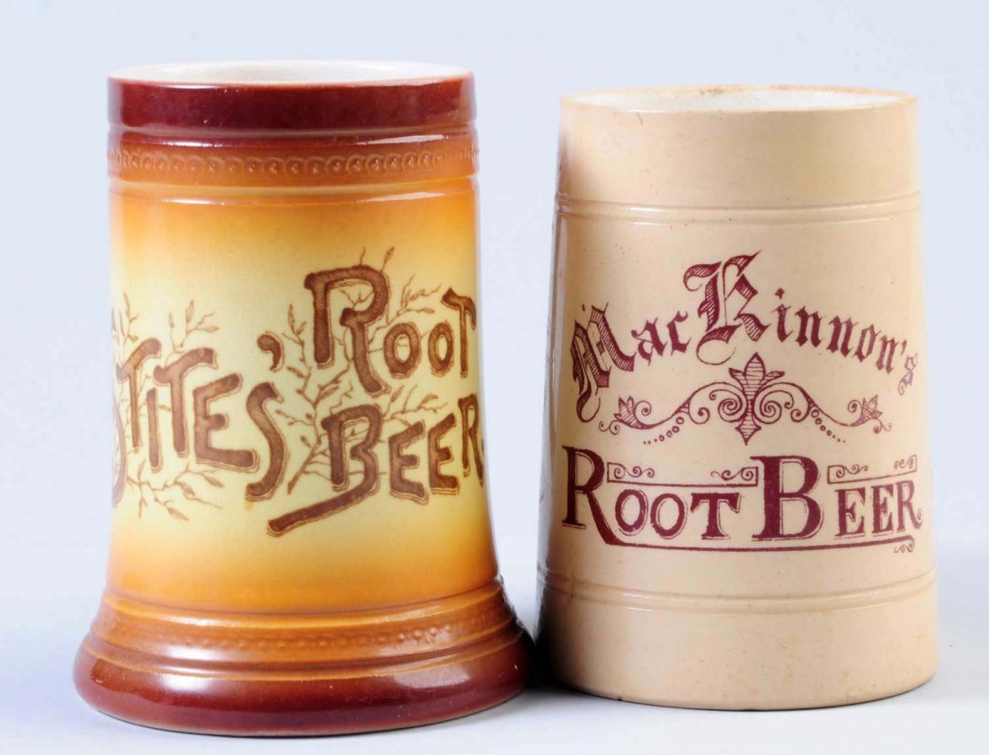 Lot of 2: Root Beer Mugs.: The mugs in this lot include: Mackinnon's root beer, has light overall soiling but no damage. The second mug is Stite's root beer, has a glaze decoration that has a few tiny rub marks. Condition (Very