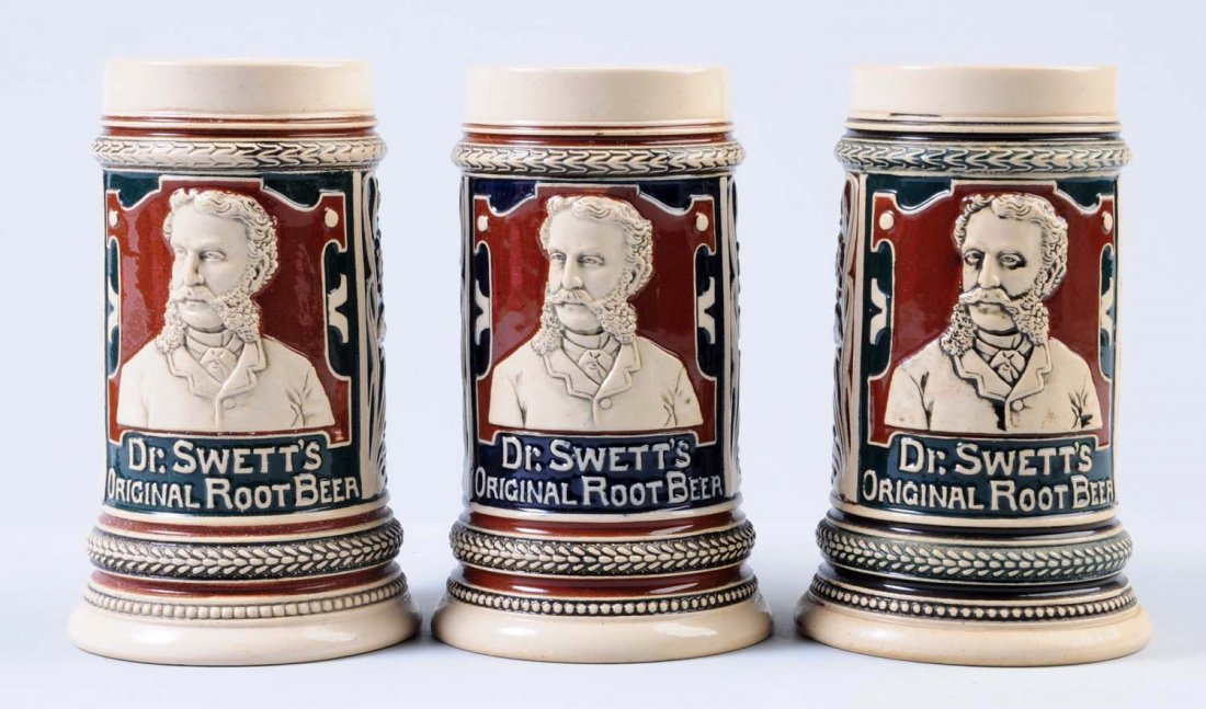 Lot of 3: Dr. Swett's Root Beer Mugs.: All three are in super condition with no damage or crazing. Decorated in brown and green. Condition (Excellent Plus). Size Each: 6" T.