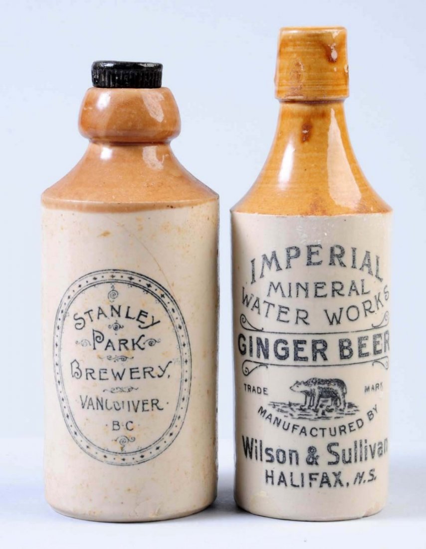 Lot of 2: Stoneware Beverage Bottles.: The first bottle is a highly decorated beautiful bottle marked "Imperial Mineral Water Works Manufactured by William and Sullivan Halifax, N. S." The second bottle is marked " Stanley Park Brewery Van