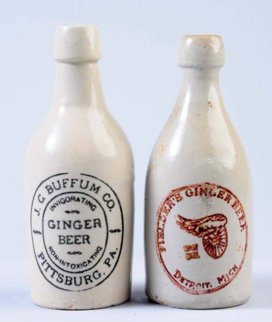 Lot of 2: Stoneware Ginger Beer Bottles.: The first bottle is marked "J. C Buffum Company Ginger Beer Bottle Pittsburg, PA. The second bottle is marked " Fiedler's Ginger Beer Detroit, Michigan." The label on this bottle may not be authentic.