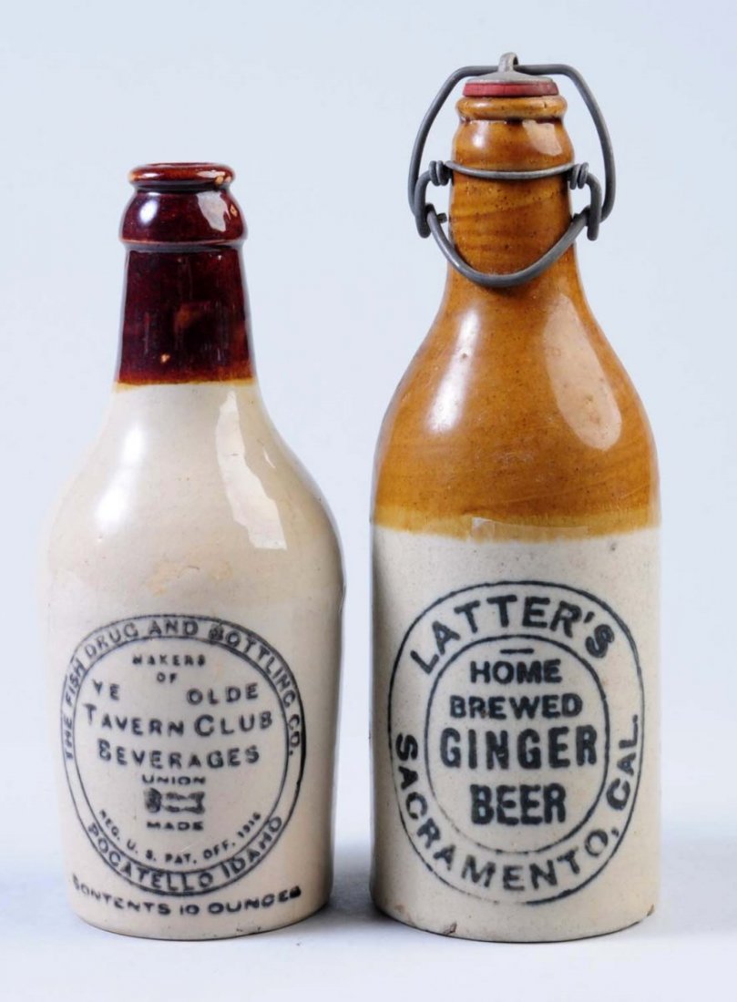 Lot of 2: Stoneware Soda Bottles.: First bottle is marked "Latter's Ginger Beer Sacramento, Cali."Second bottle is marked "Ye olde Tavern Club Beverages Pocatello, Idaho." Condition (Very Good Plus). Size Largest: 8" T.
