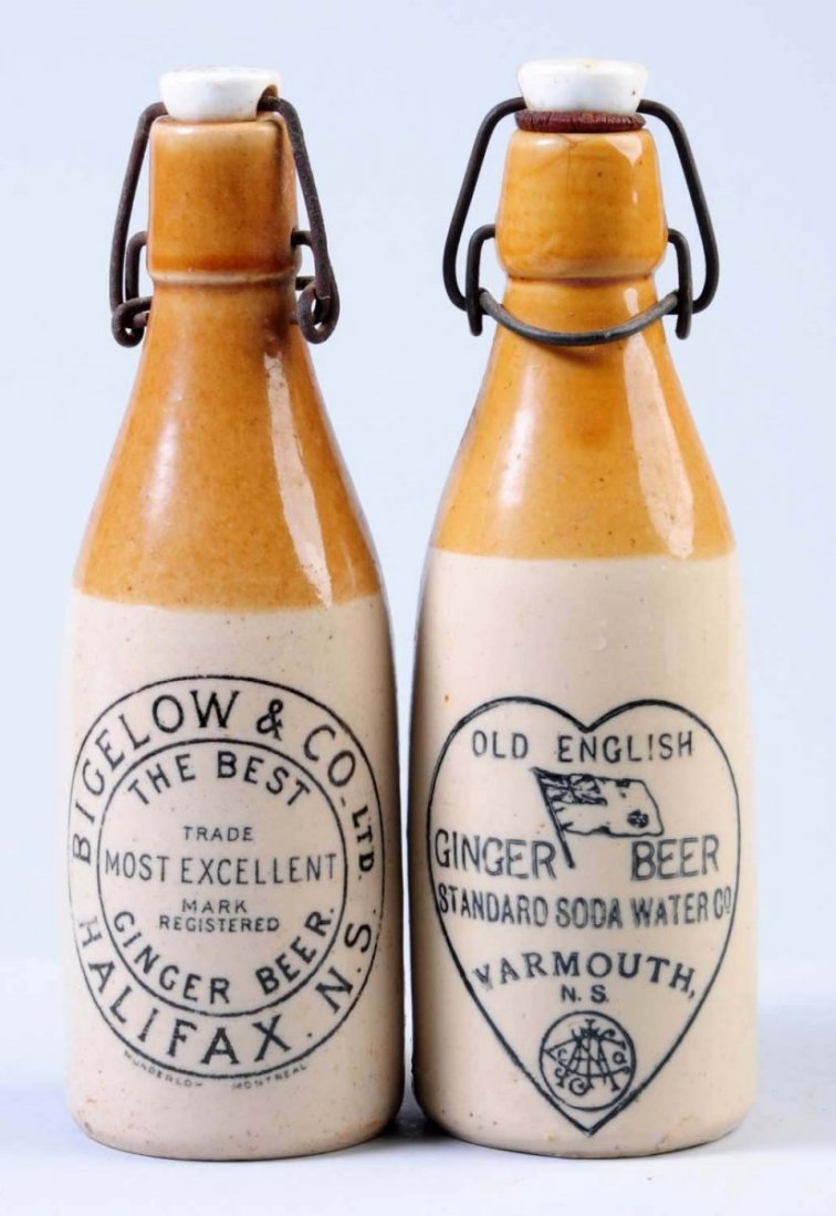 Lot of 2: Stoneware Ginger Beer Bottles.: First bottle is marked "Bigelow & Co. Ginger Beer Halifax, N.S." Second bottle is marked "Old English Ginger Beer Varmouth, N.S." Condition (Excellent). Size Each: 8 - 1/2" T.