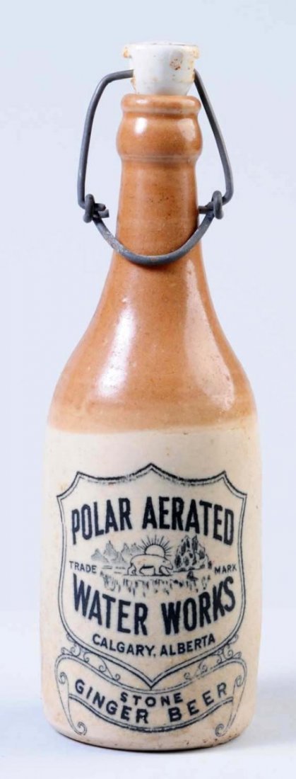 Polar Aerated Water Works Stoneware Ginger Bottle: This beer bottle is from Calgary, Alberta. Minor soiling overall. Condition (Very Good Plus). Size 8 - 1/2" T.